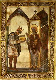 Æthelstan King of the English presents a copy of the Gospels to the Shrine of St. Cuthbert at Chester-le-Street.